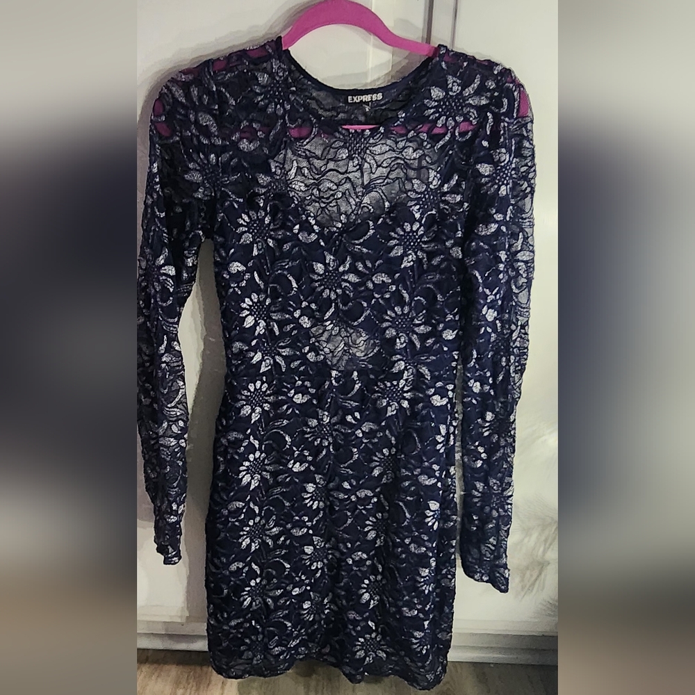 Express Navy Blue Long Sleeve Open Back Lace Dress Size S
